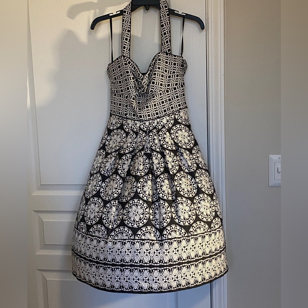 White House Black Market 100% silk black and white printed halter dress. - Picture 6 of 12